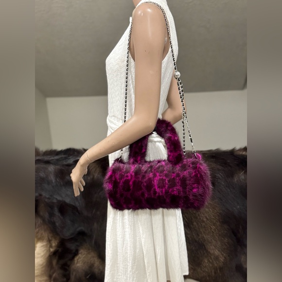 Leopard Real Mink Fur Handmade Fur Handles Barrel Bag/Shoulder Bag/Crossbody Bag - Picture 2 of 16